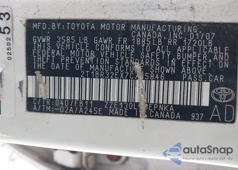 2007 Toyota Corolla Le from USA, damaged, VIN 2T1BR32EX7C785846